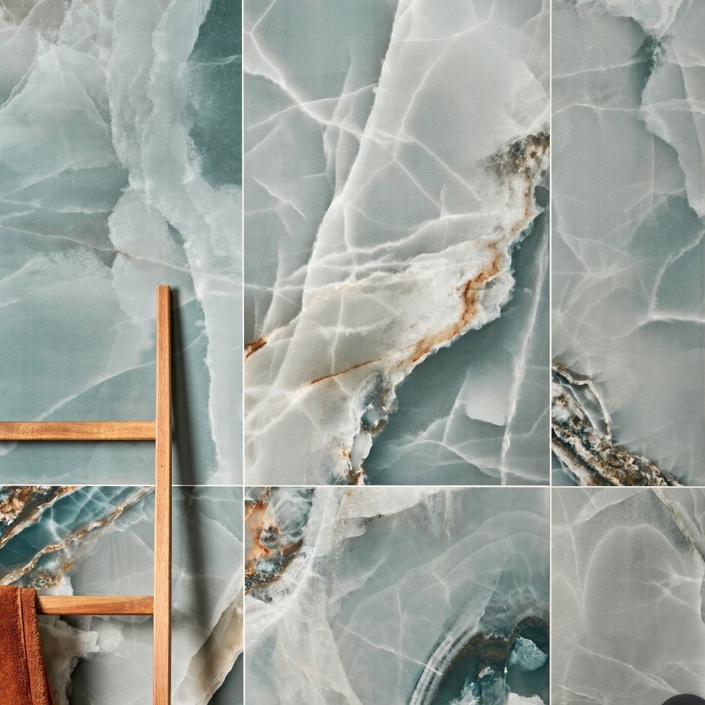 Close up lifestyle image of Ca Pietra Hollywood Turquoise Polished Porcelain Wall & Floor Tiles